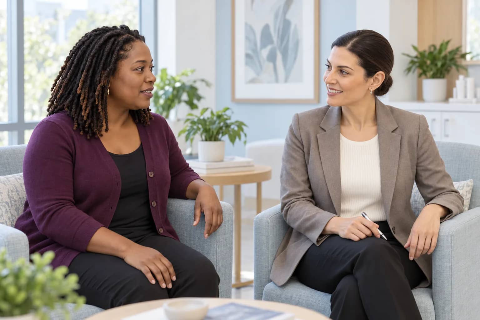 Illustrative scene: Amy Tadevosyan listening to an adult patient during a microneedling-options discussion