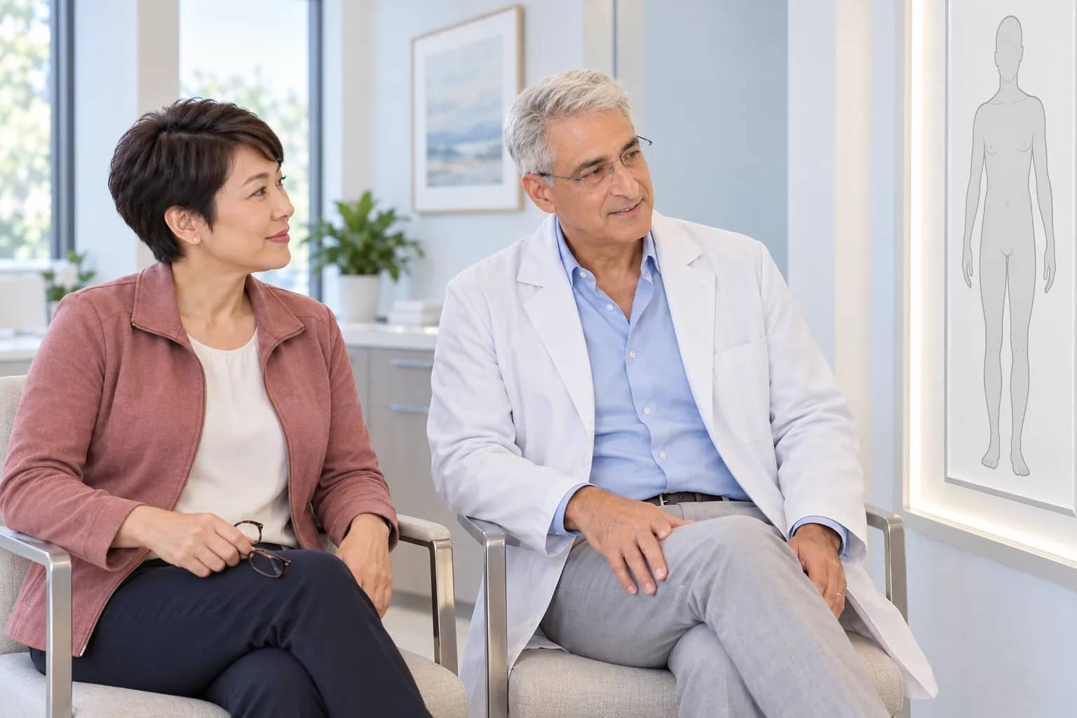Illustrative scene: Dr. Joel Aronowitz and an adult patient reviewing a body-contouring education display
