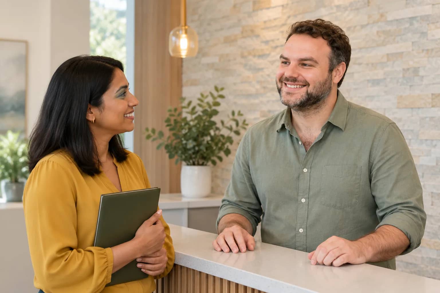 Illustrative scene: George Adjian discussing non-surgical care goals with an adult patient at a consultation counter