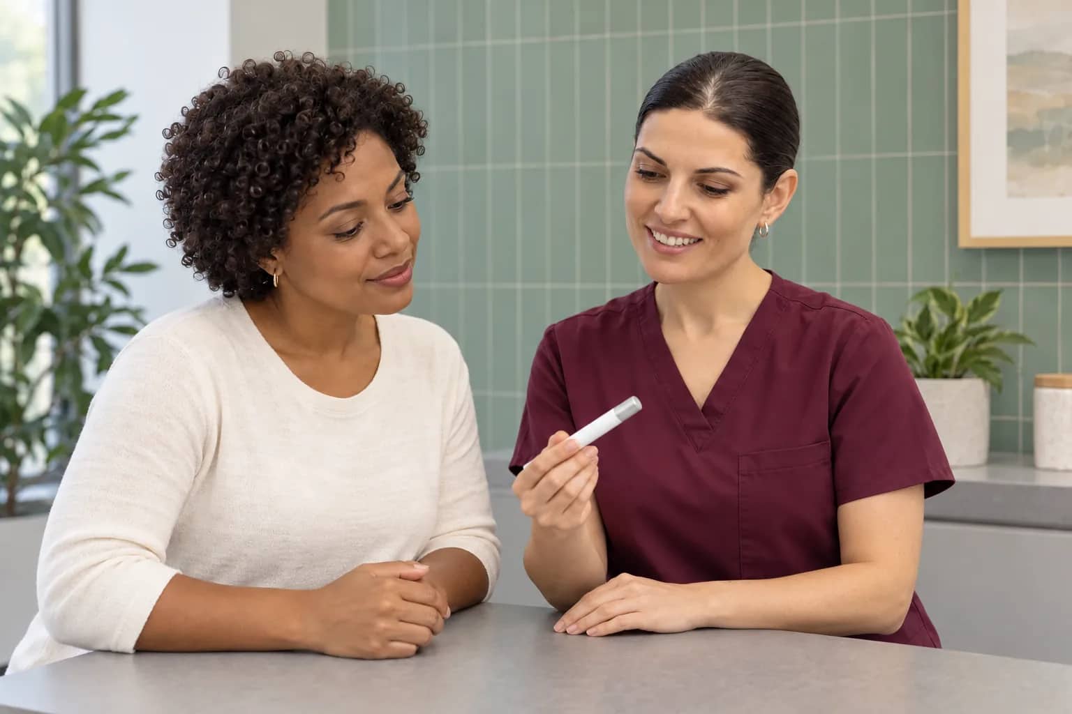 Illustrative scene: Amy Tadevosyan showing a capped inactive demonstration pen to an adult patient
