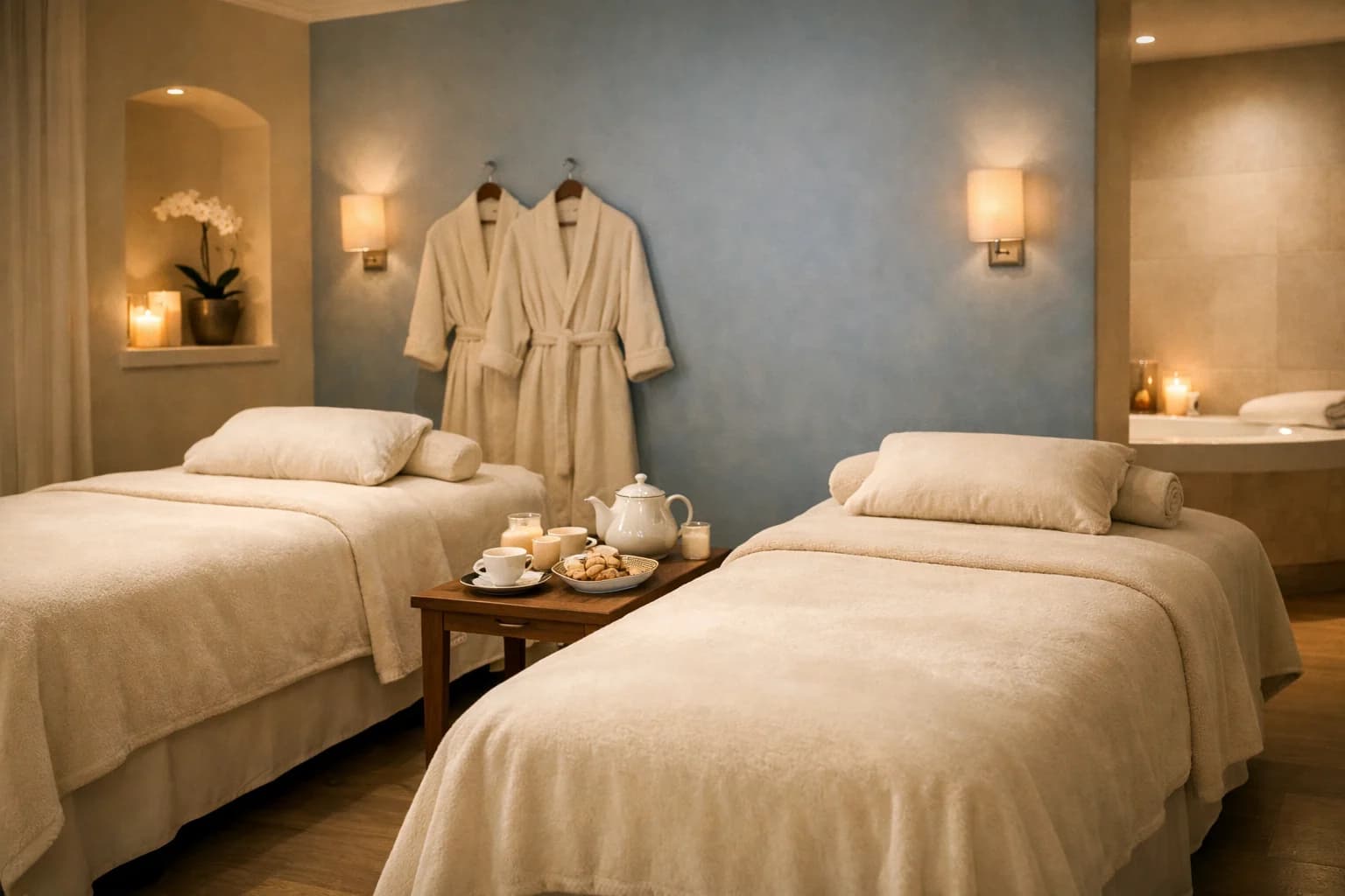 Couples spa suite with two treatment beds, warm towels, and soft neutral lighting