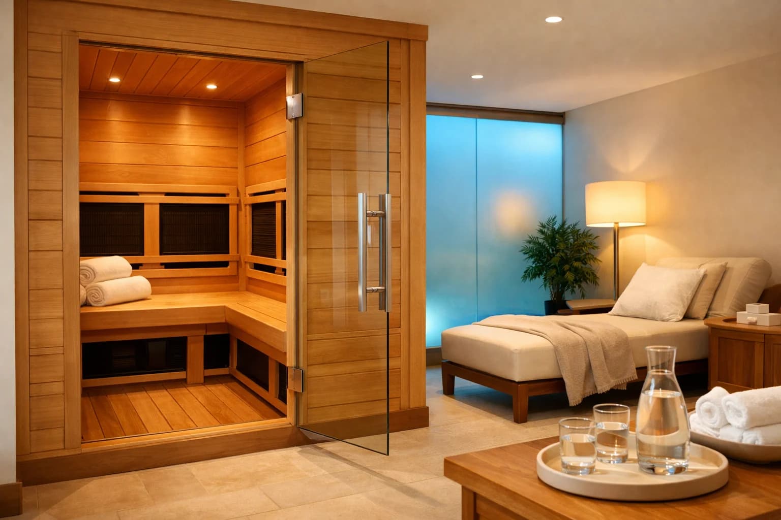 Clean infrared sauna room with warm wood and soft spa lighting
