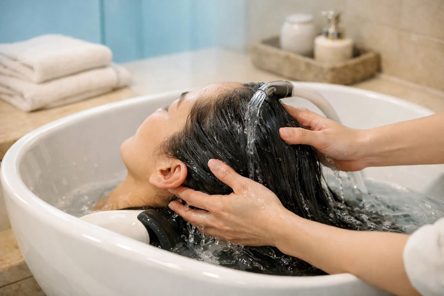 Japanese head spa basin in a calm luxury scalp treatment room