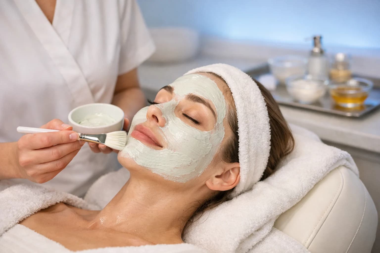 Luxury facial room with esthetician setup, cream linens, and warm spa lighting