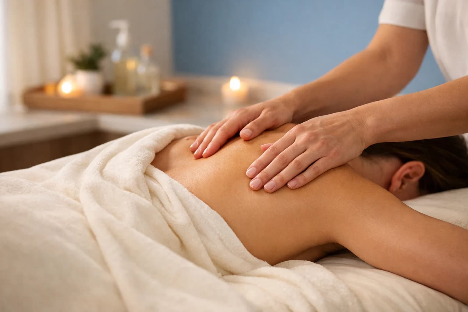 Massage therapy room with soft cream linens and warm spa lighting in Encino