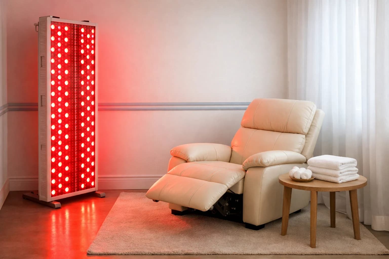 Red light recovery lounge with calm warm lighting and premium spa seating