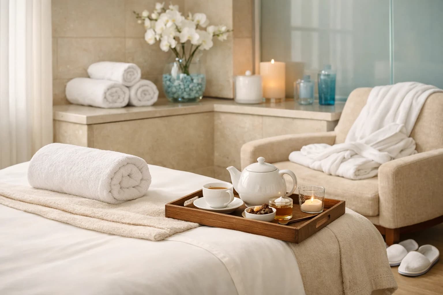 Luxury spa day treatment suite with cream linens and warm lighting at NPMD