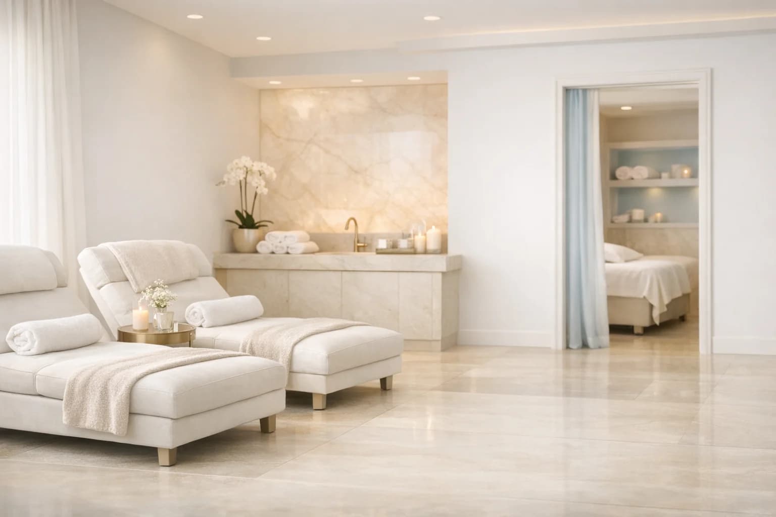 Luxury medical spa and recovery lounge environment at NPMD in Encino