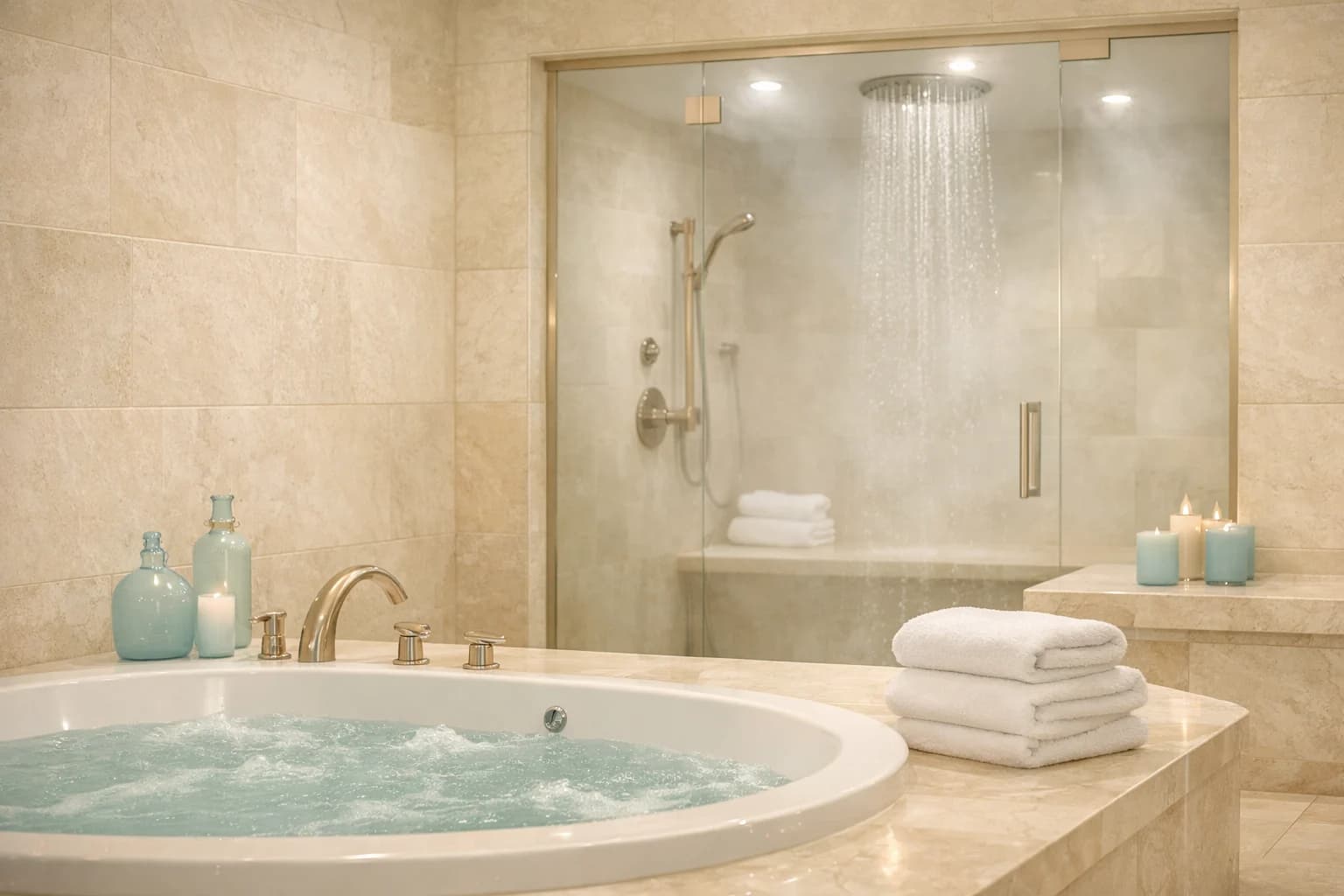 Luxury hydrotherapy wet room with steam shower and warm stone spa finishes