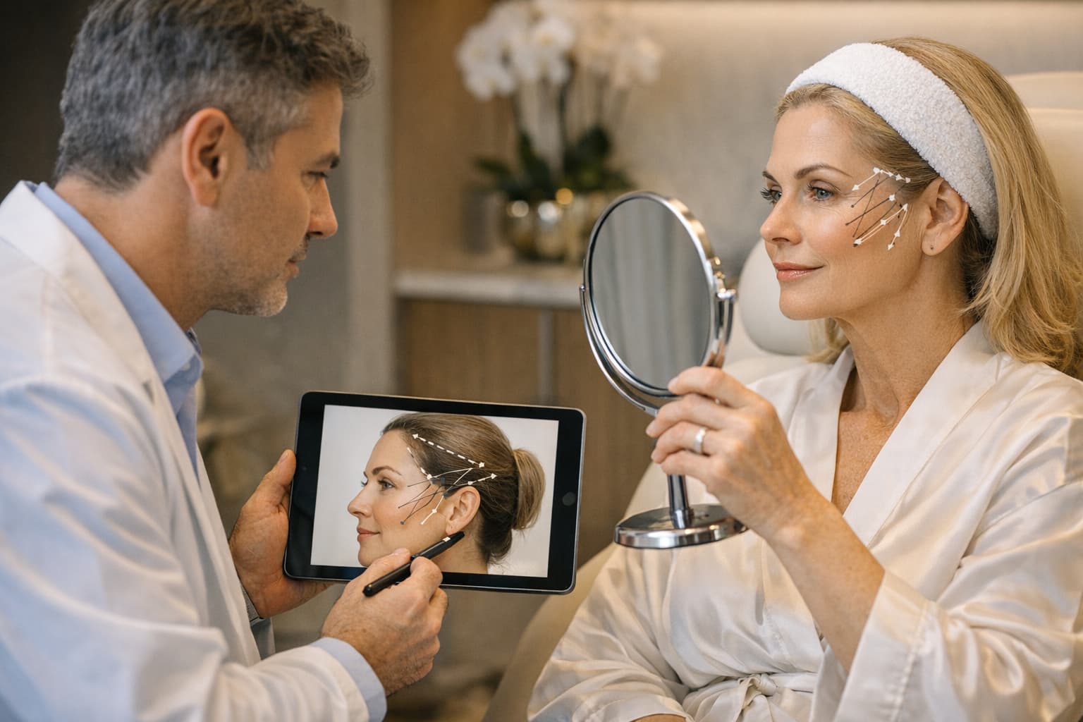 Illustrative facelift planning discussion with facial support lines