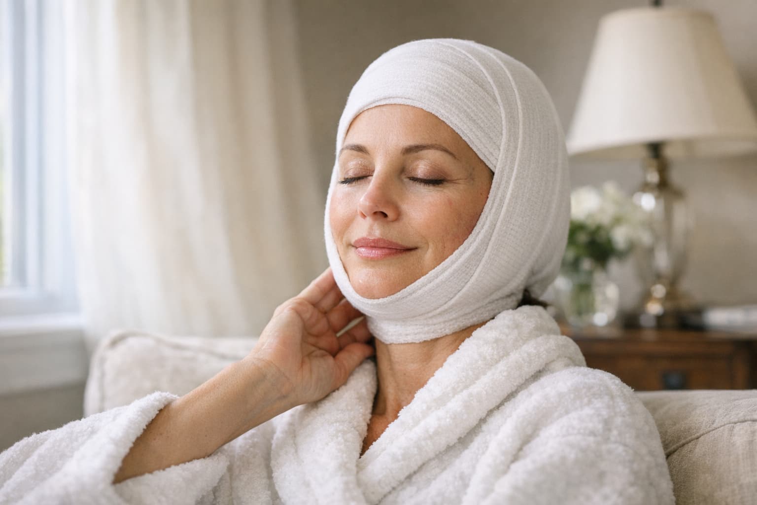 Illustrative person resting with a face and neck bandage