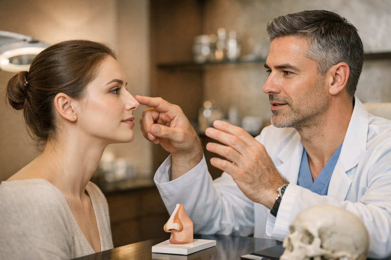 Illustrative consultation about nose shape and facial balance