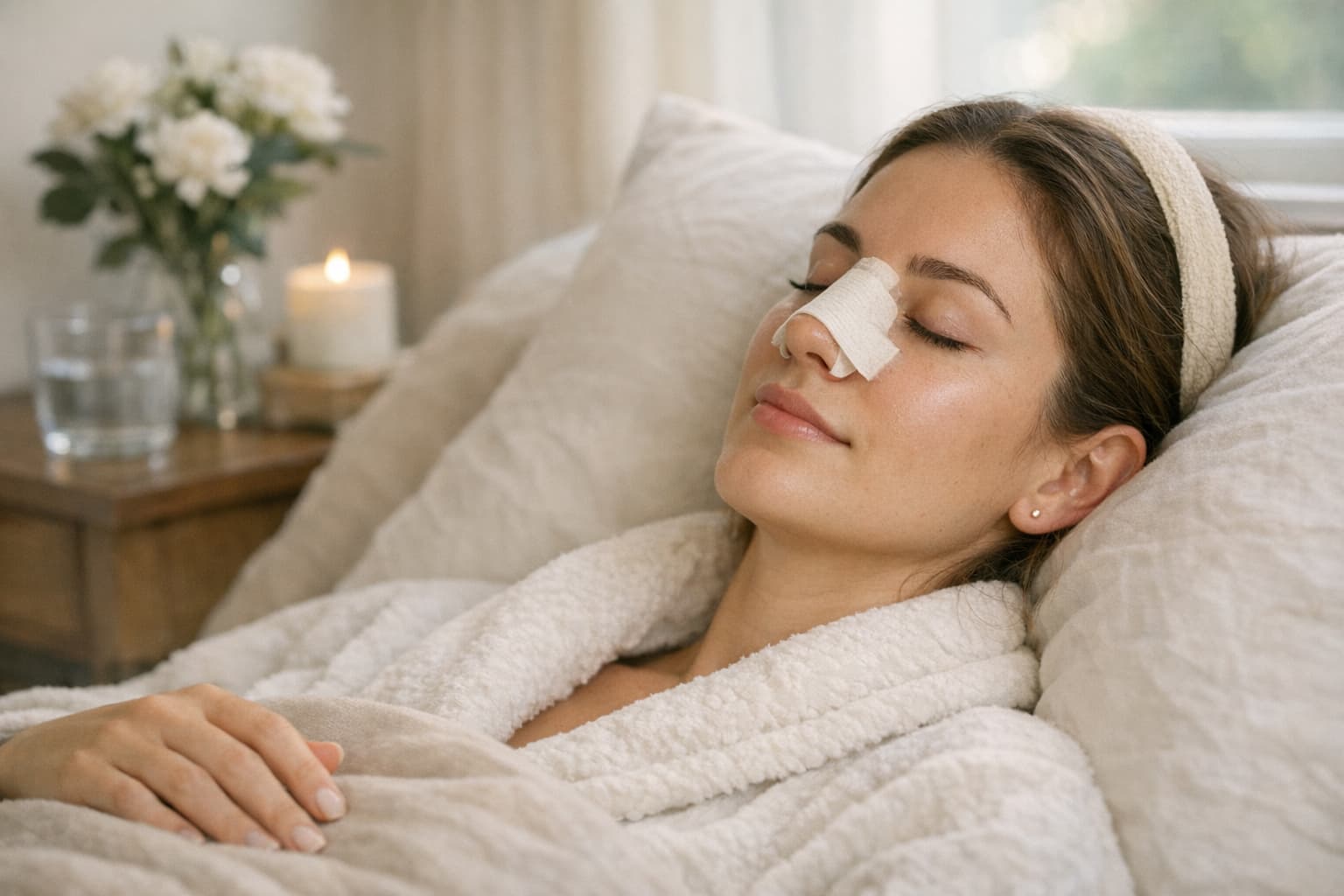 Illustrative person resting with a nasal dressing