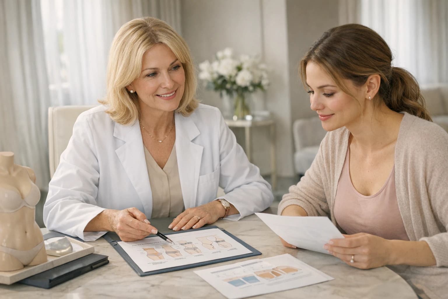Illustrative mommy makeover consultation scene