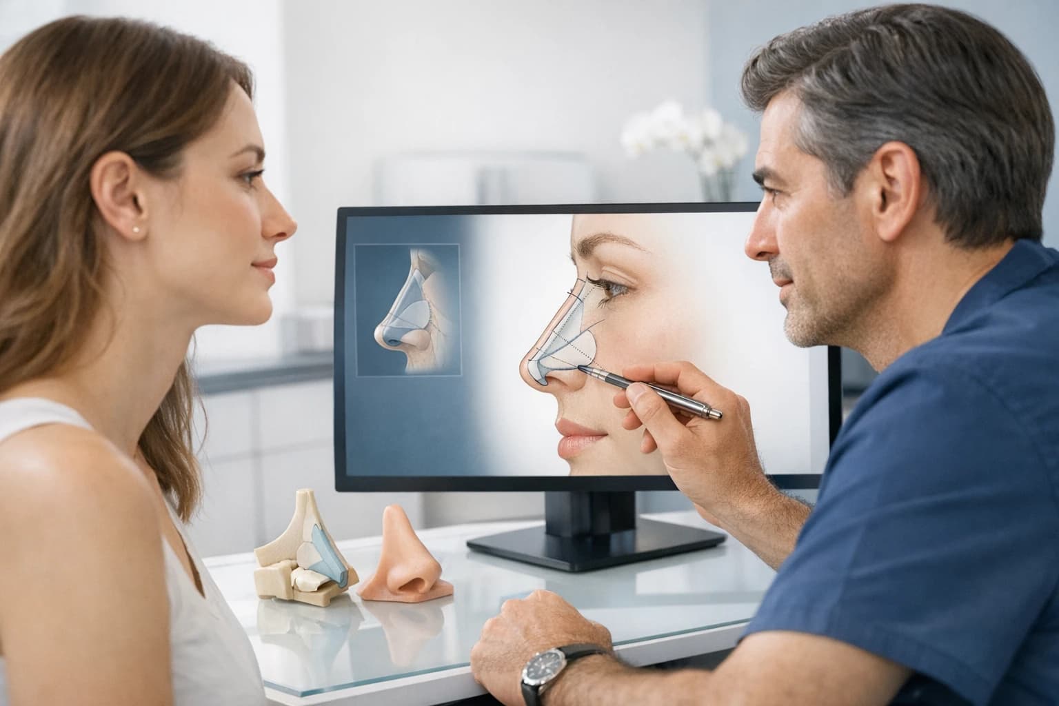 Illustrative rhinoplasty consultation scene