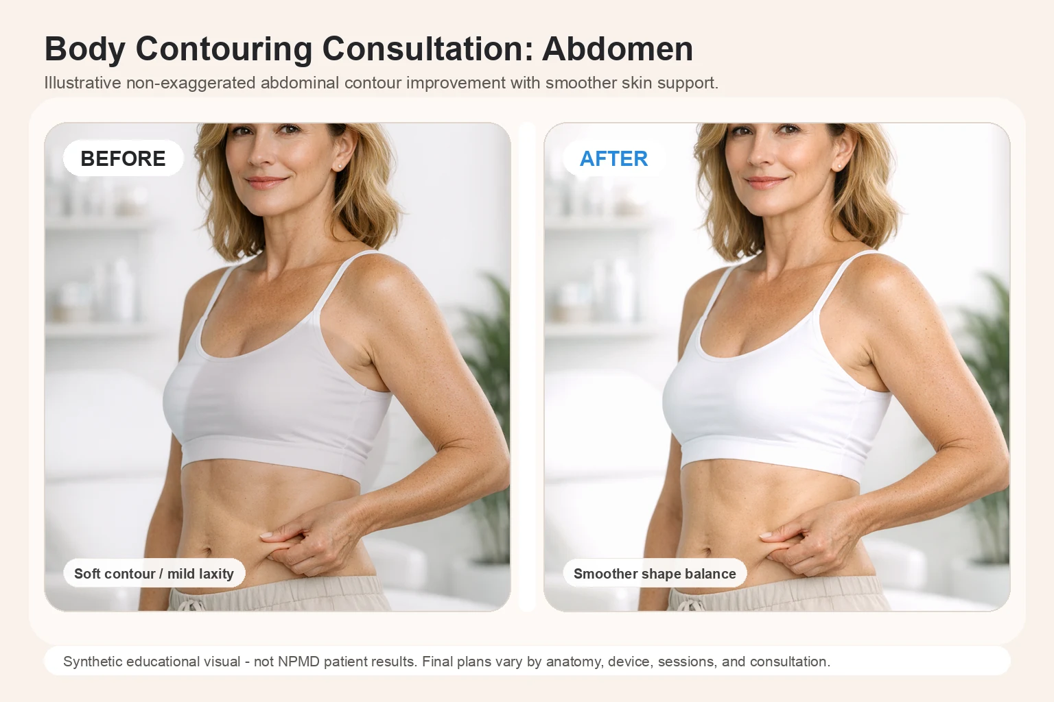 Illustrative Body Contouring Consultation before and after comparison for abdomen contour planning