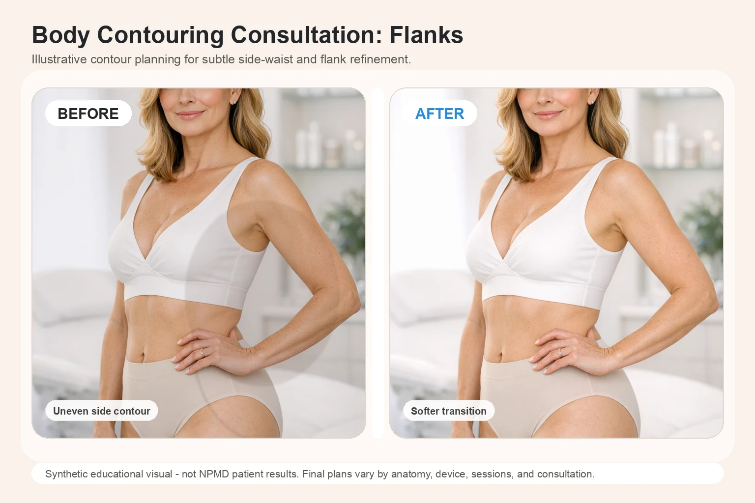 Illustrative Body Contouring Consultation before and after comparison for flank contour refinement