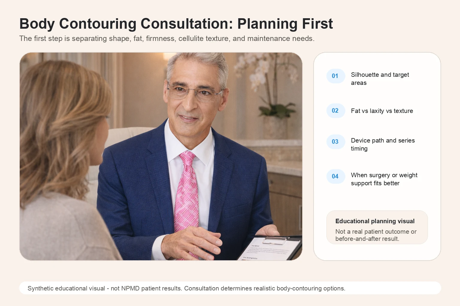 Illustrative Body Contouring Consultation planning visual for treatment-area mapping and realistic non-surgical options