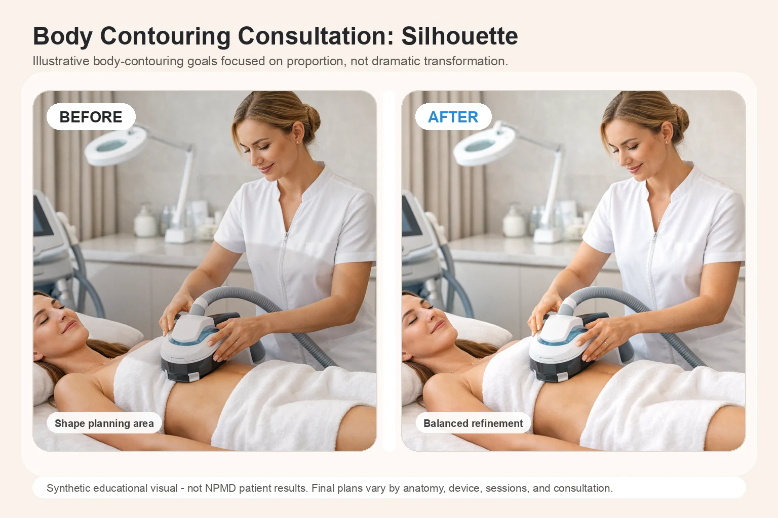Illustrative Body Contouring Consultation before and after comparison for silhouette balance