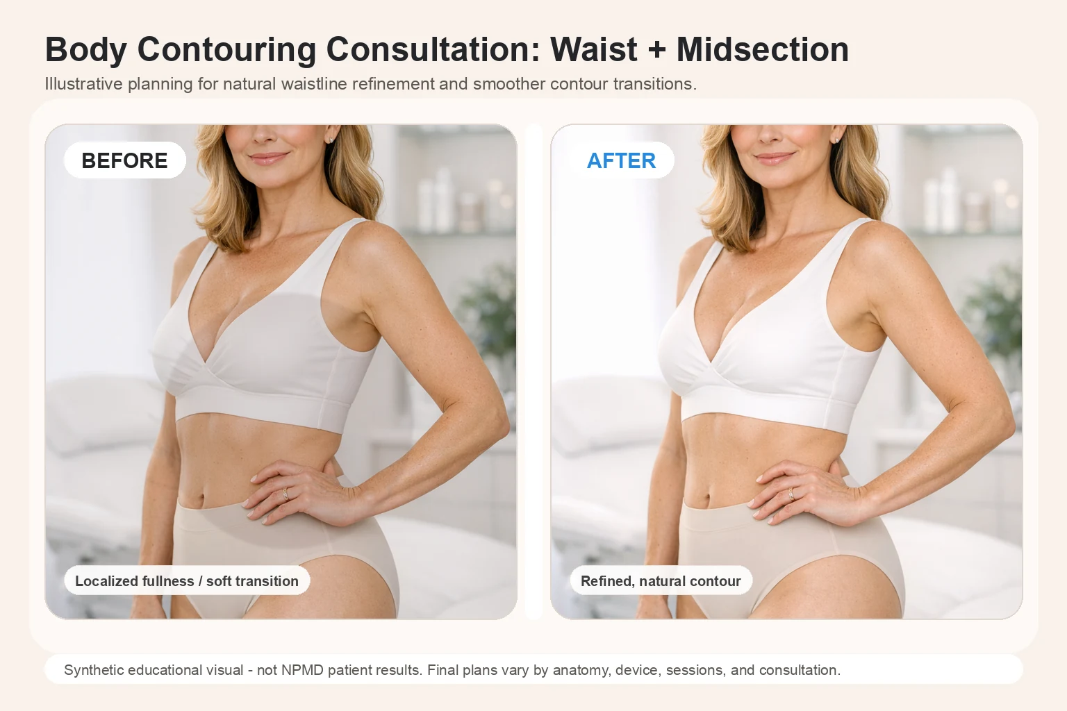 Illustrative Body Contouring Consultation before and after comparison for waist and midsection contour planning
