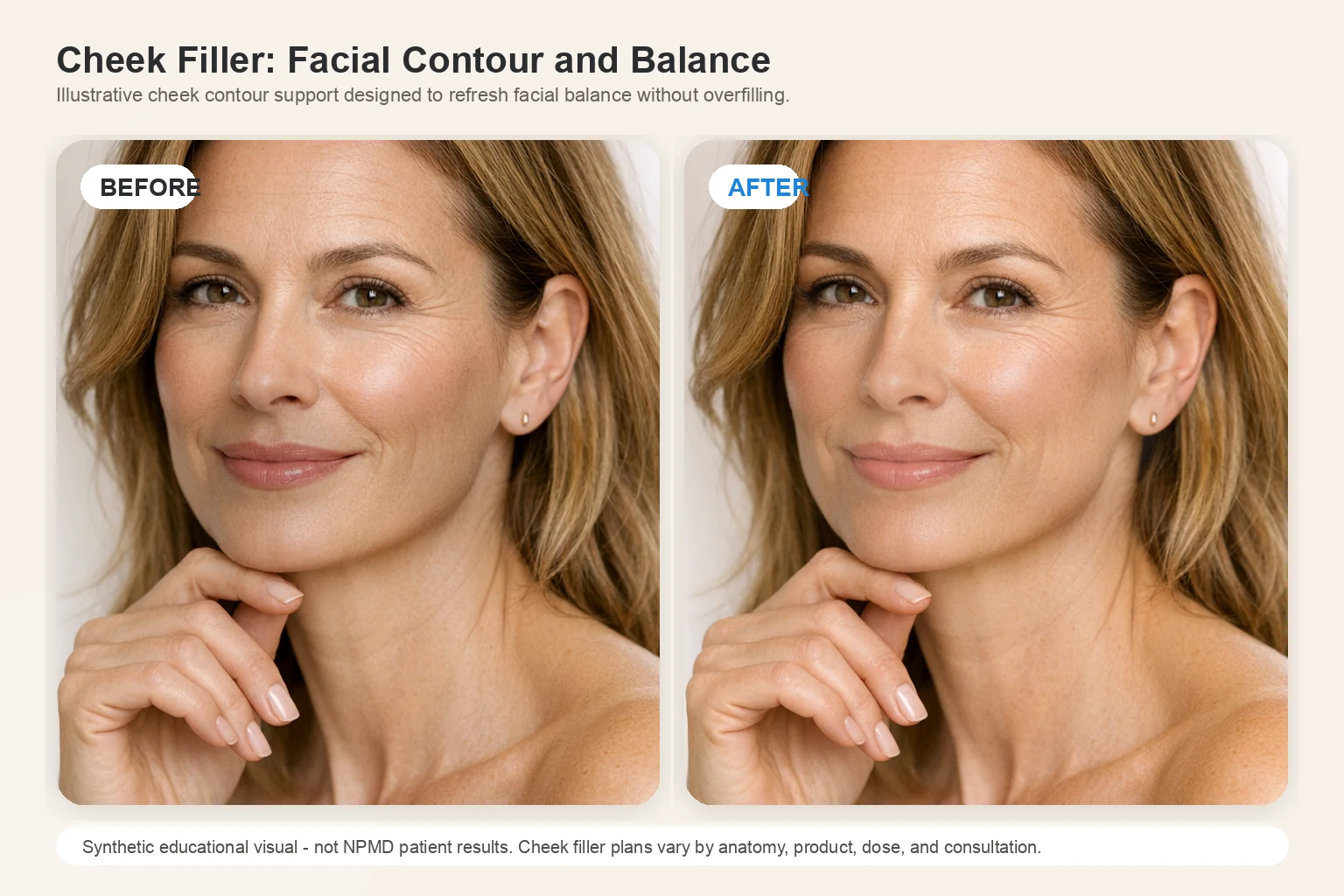 Illustrative before and after comparison for cheek filler showing facial contour and balance improvement
