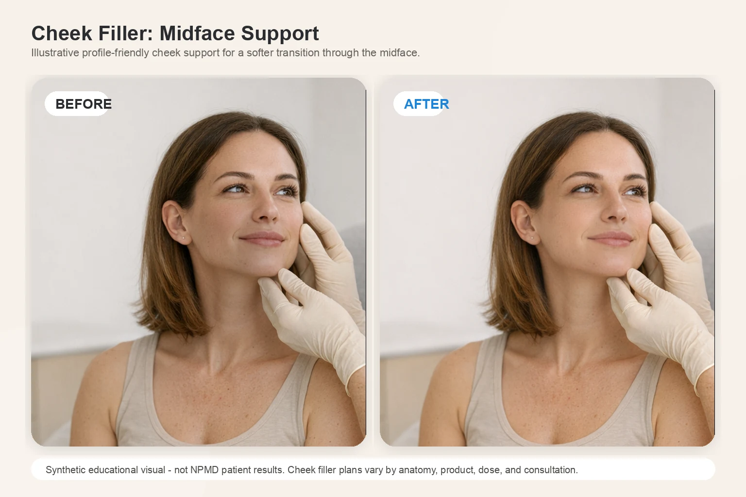 Illustrative before and after comparison for cheek filler showing midface support and contour refinement