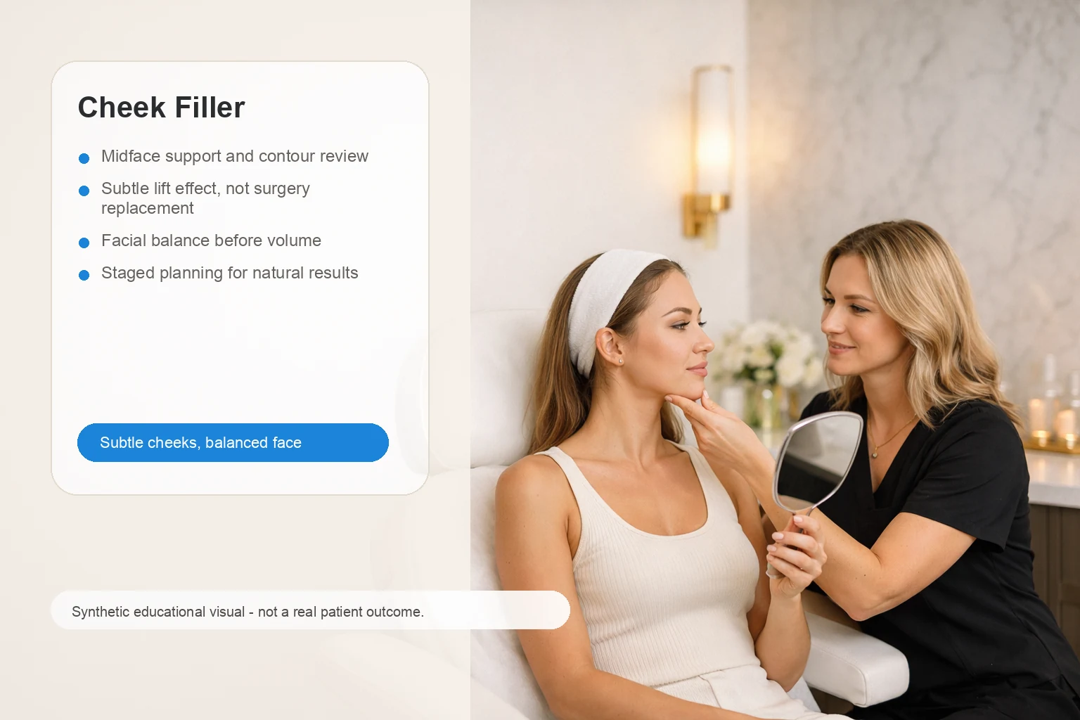 Illustrative cheek filler consultation and treatment planning for cheek volume lift and contour support