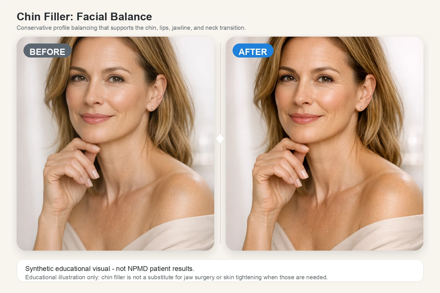 Illustrative before and after comparison for Chin Filler showing conservative facial profile balancing