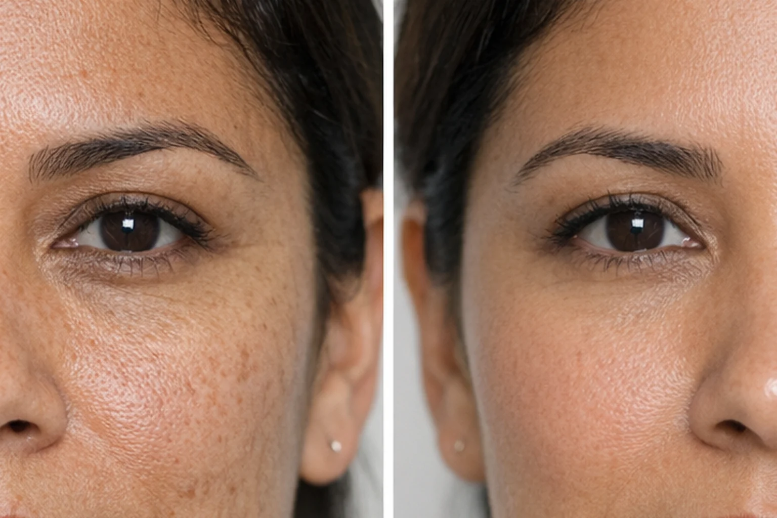 Illustrative before and after close-up for CO2 laser eye rejuvenation fine lines and crepey skin