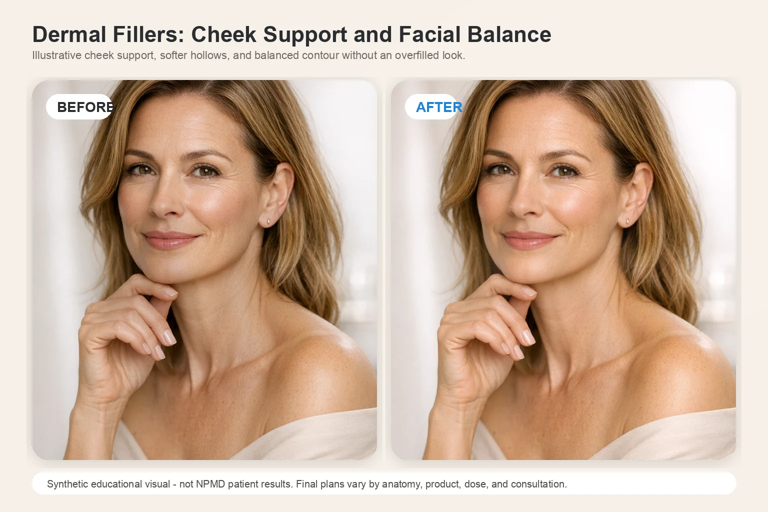 Illustrative before and after comparison for dermal fillers showing cheek support and facial balance