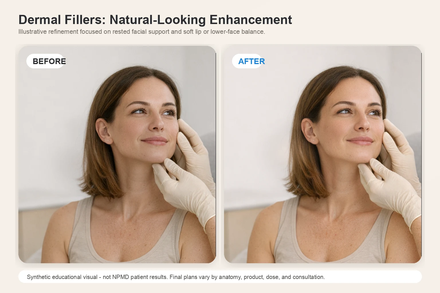 Illustrative before and after comparison for dermal fillers showing natural-looking facial enhancement