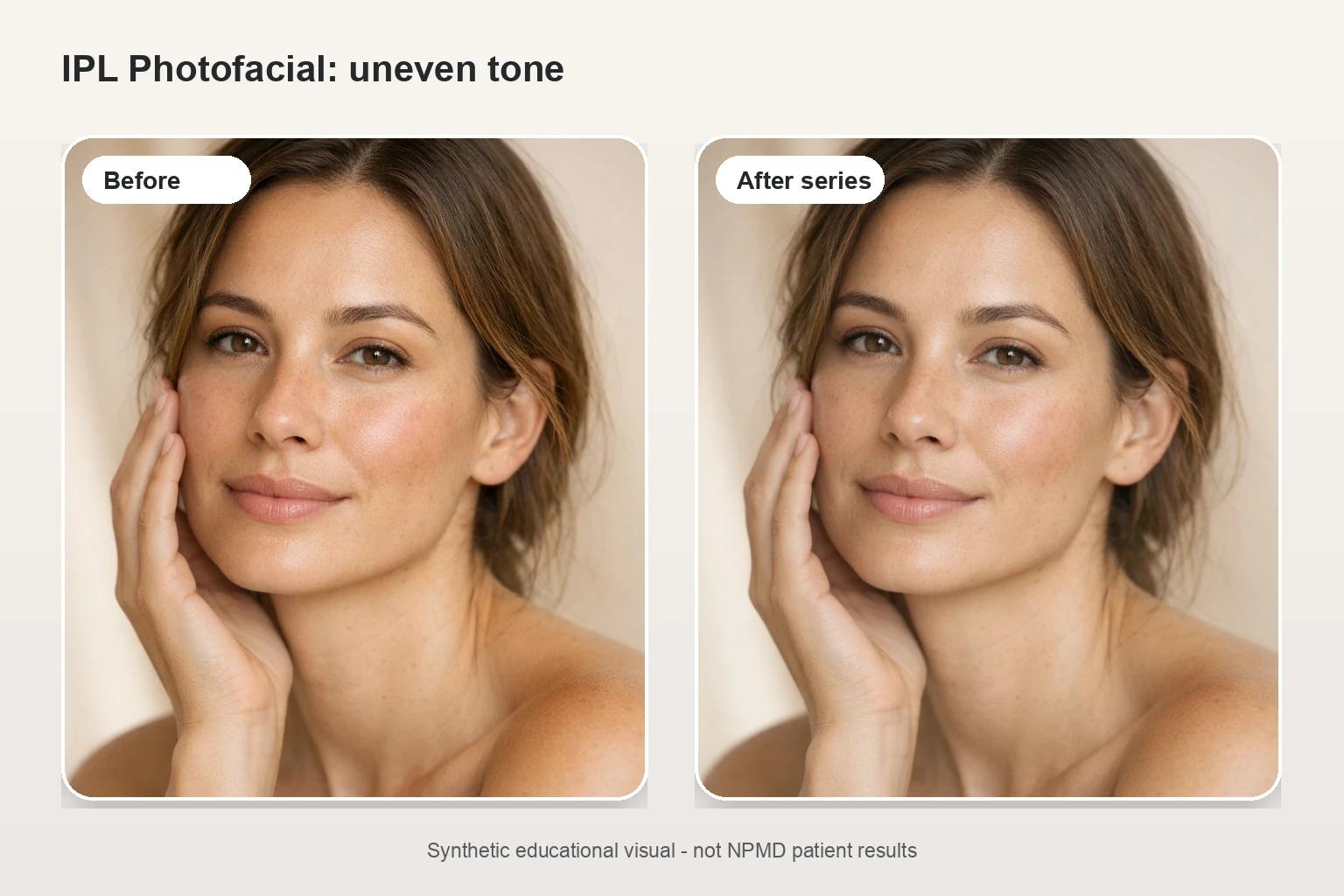 Illustrative before and after comparison for IPL Photofacial showing more even skin tone