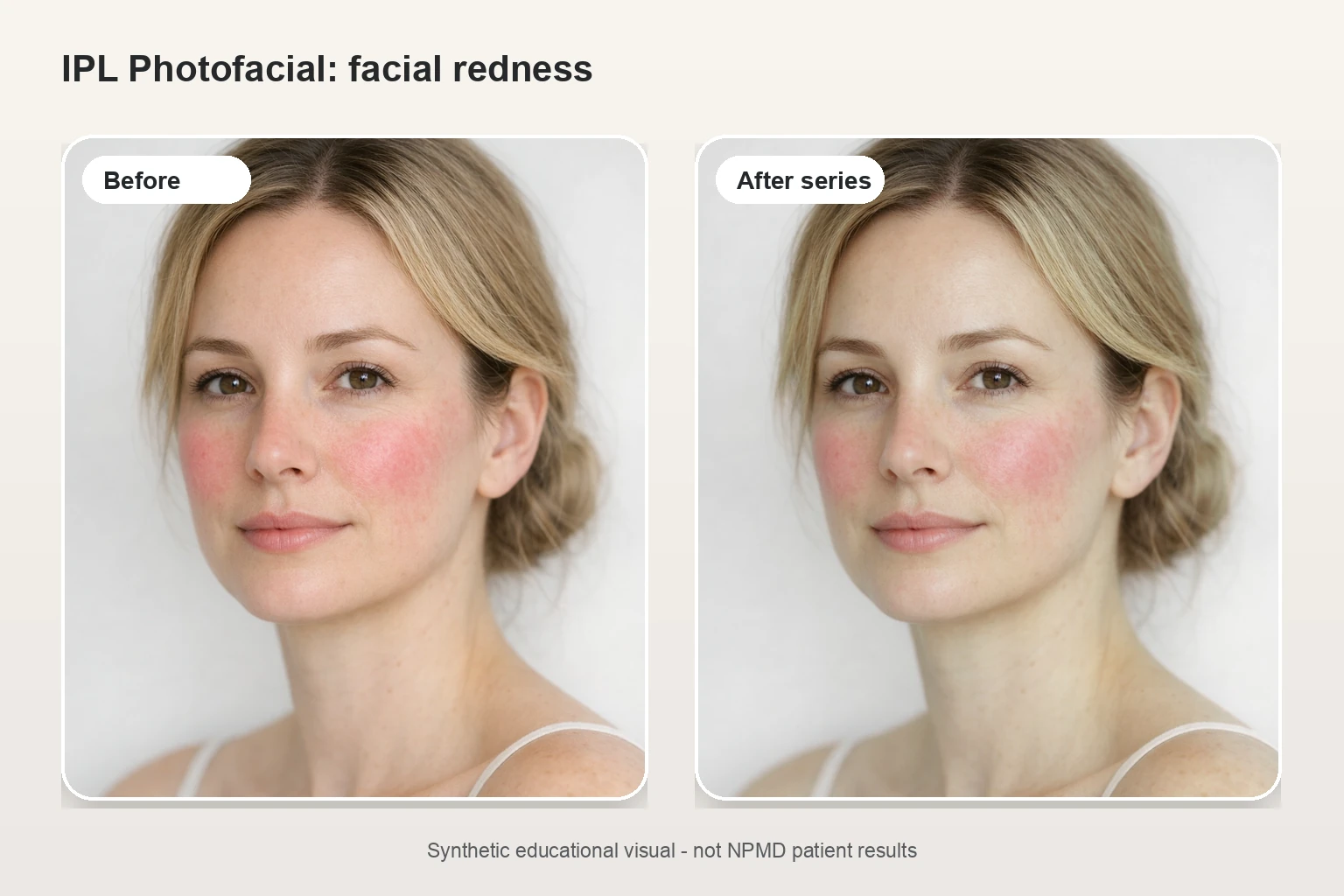 Illustrative before and after comparison for IPL Photofacial showing reduced facial redness