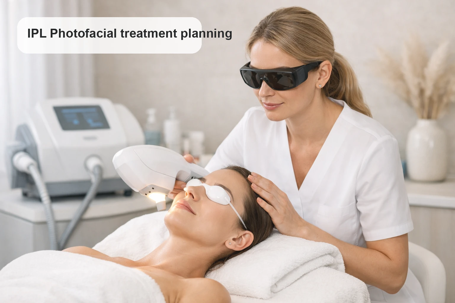 Illustrative IPL Photofacial treatment planning session with protective eyewear