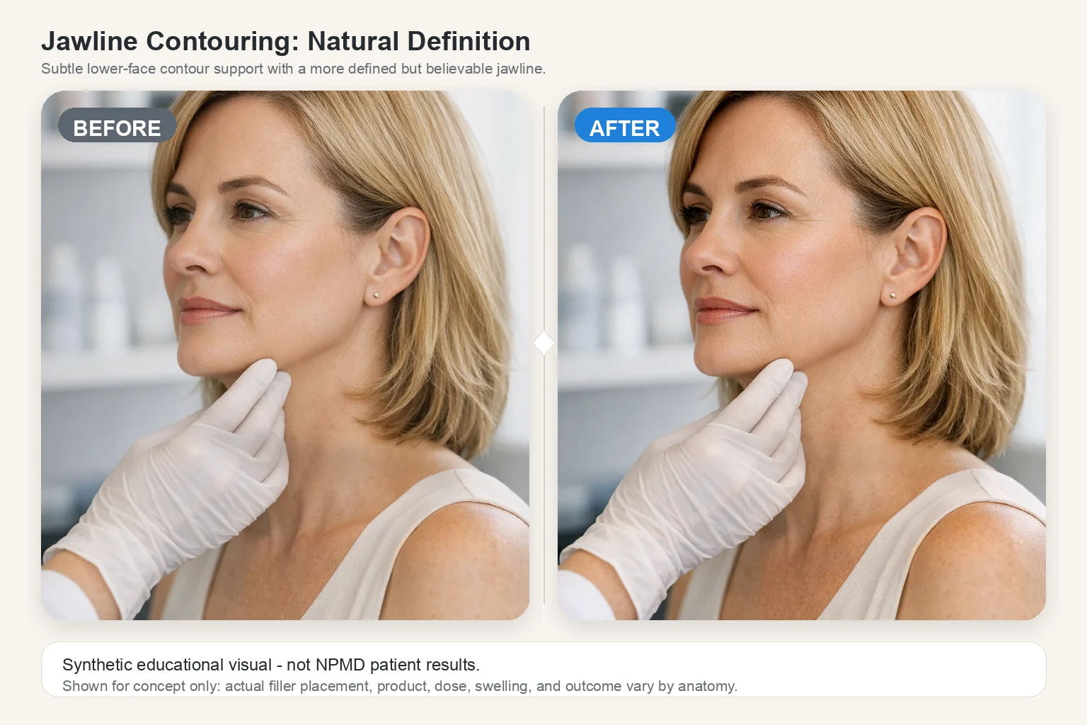 Illustrative before and after comparison for jawline contouring showing a more defined but natural jawline