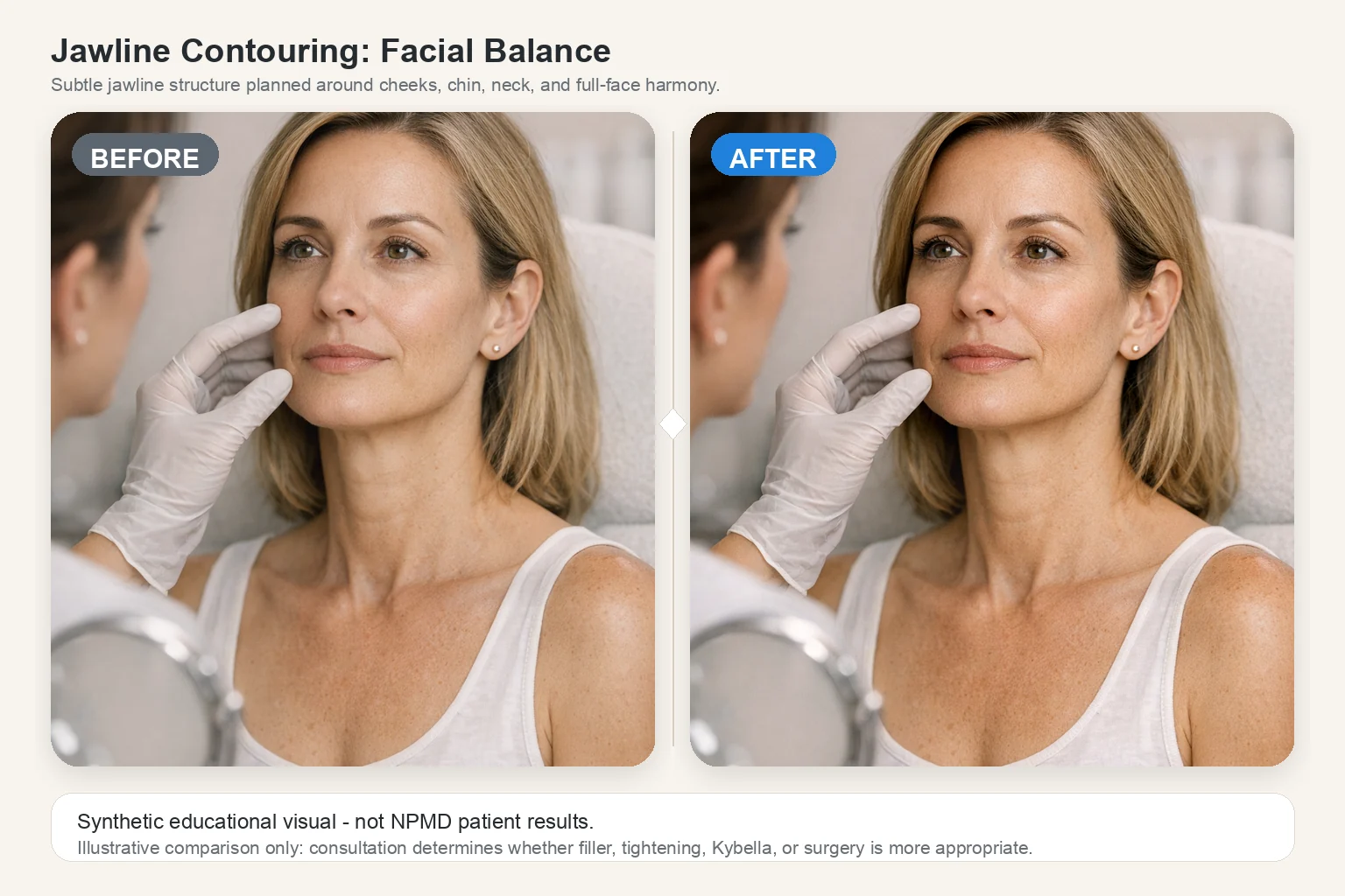 Illustrative before and after comparison for jawline contouring showing facial balance and natural contour improvement