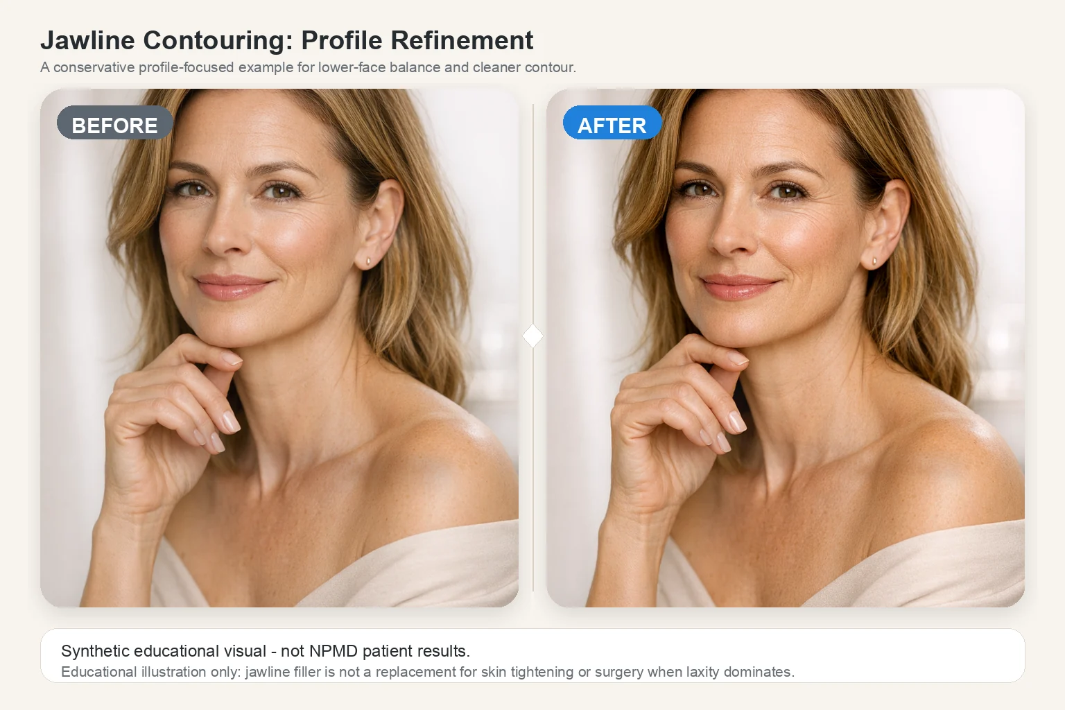 Illustrative before and after comparison for jawline contouring showing natural profile refinement