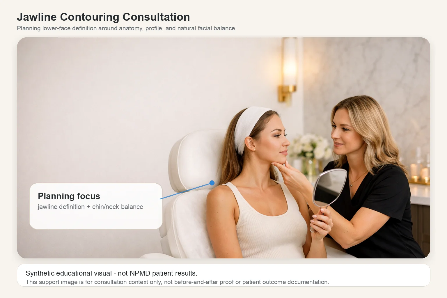 Illustrative jawline contouring consultation and treatment planning for lower-face definition
