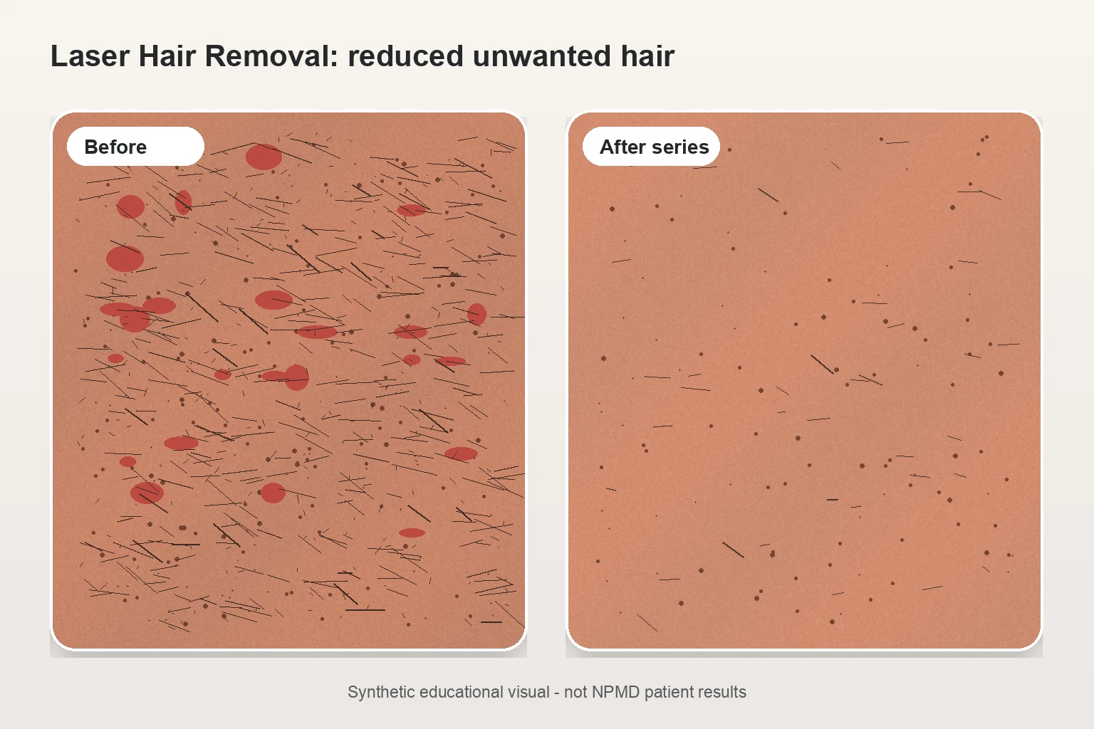 Illustrative before and after comparison for laser hair removal showing reduced unwanted hair on a body area