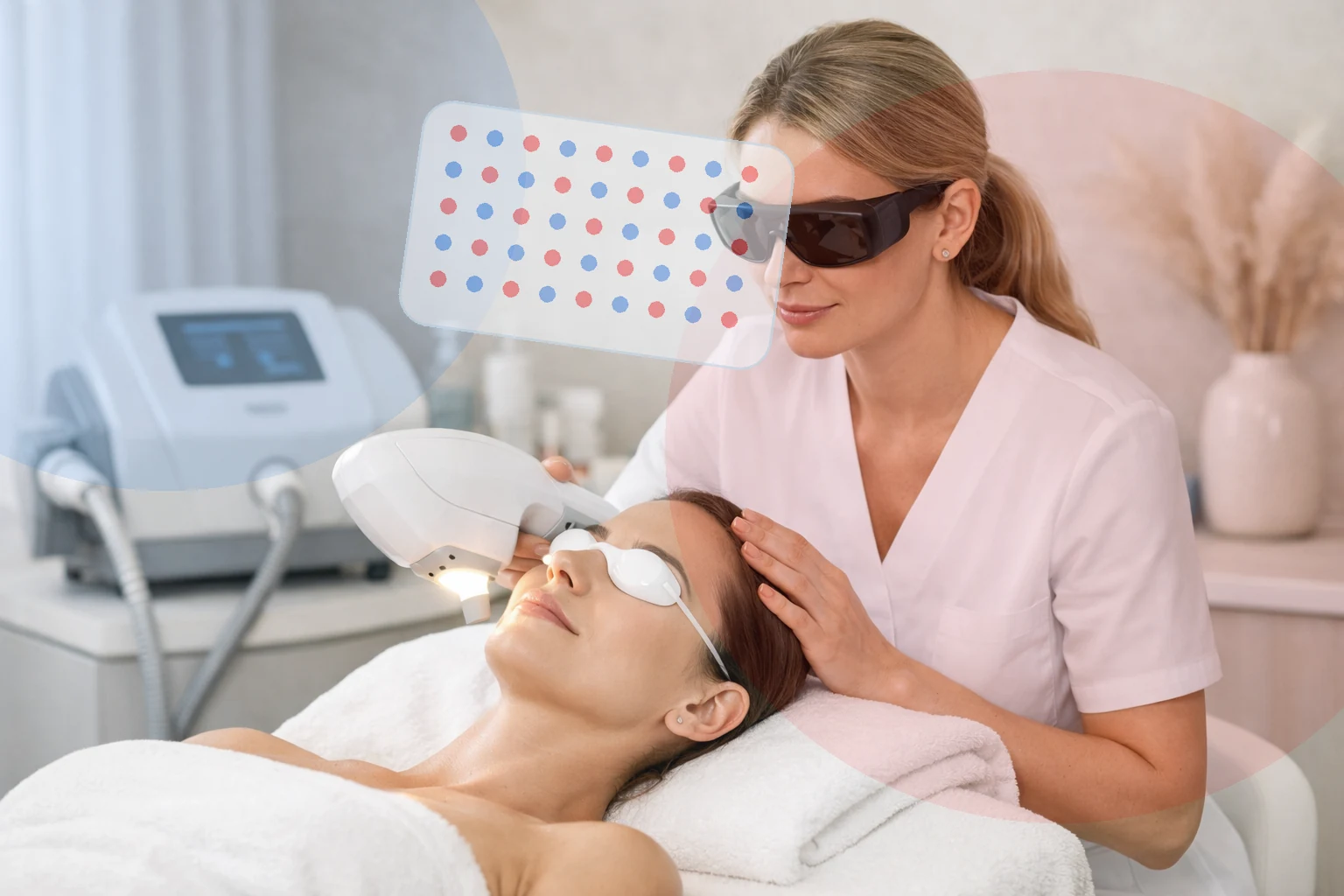 Illustrative LED Light Therapy treatment session with protective eyewear and light panel