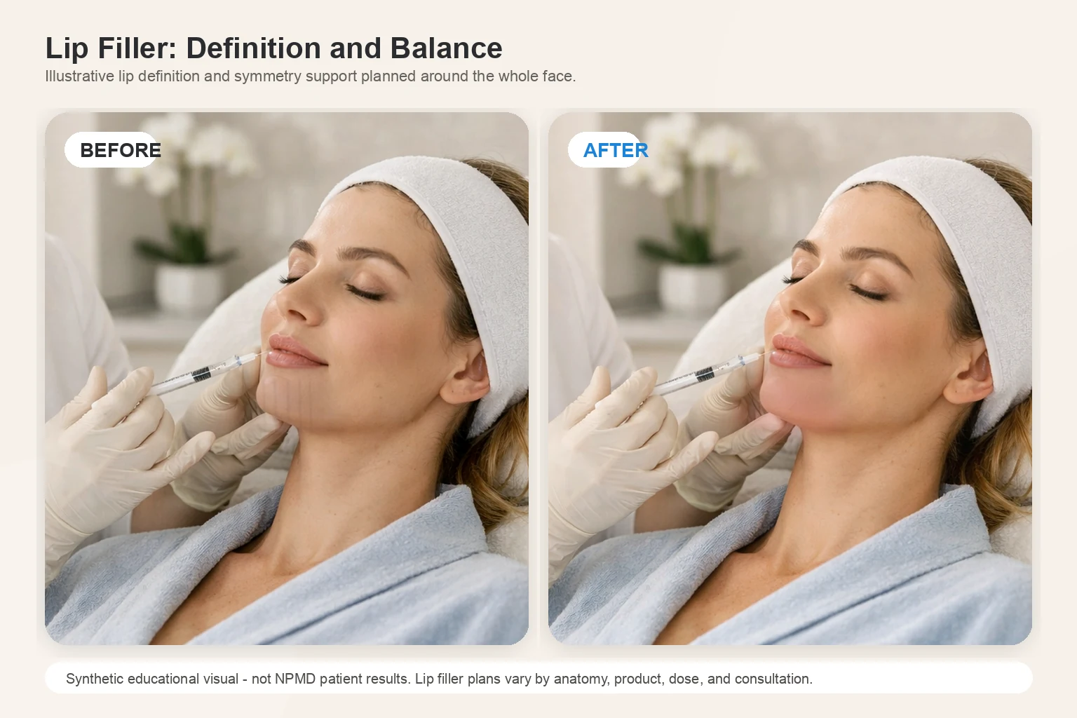 Illustrative before and after comparison for lip filler showing definition and lip balance