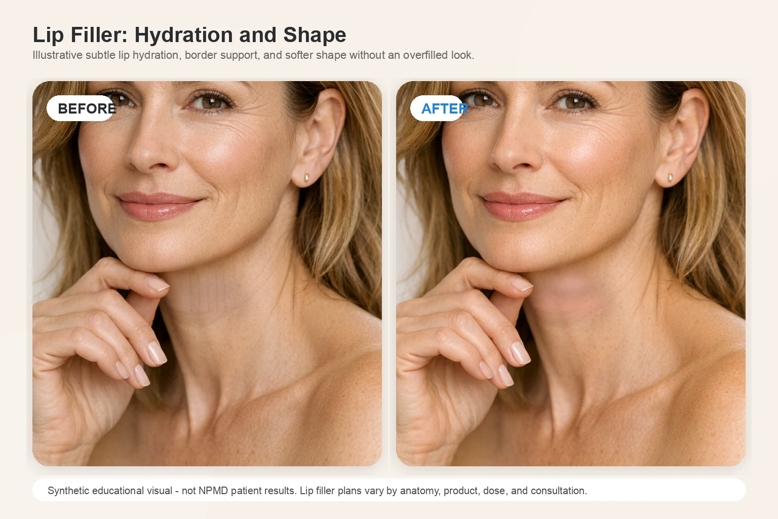 Illustrative before and after comparison for lip filler showing natural lip hydration and shape refinement