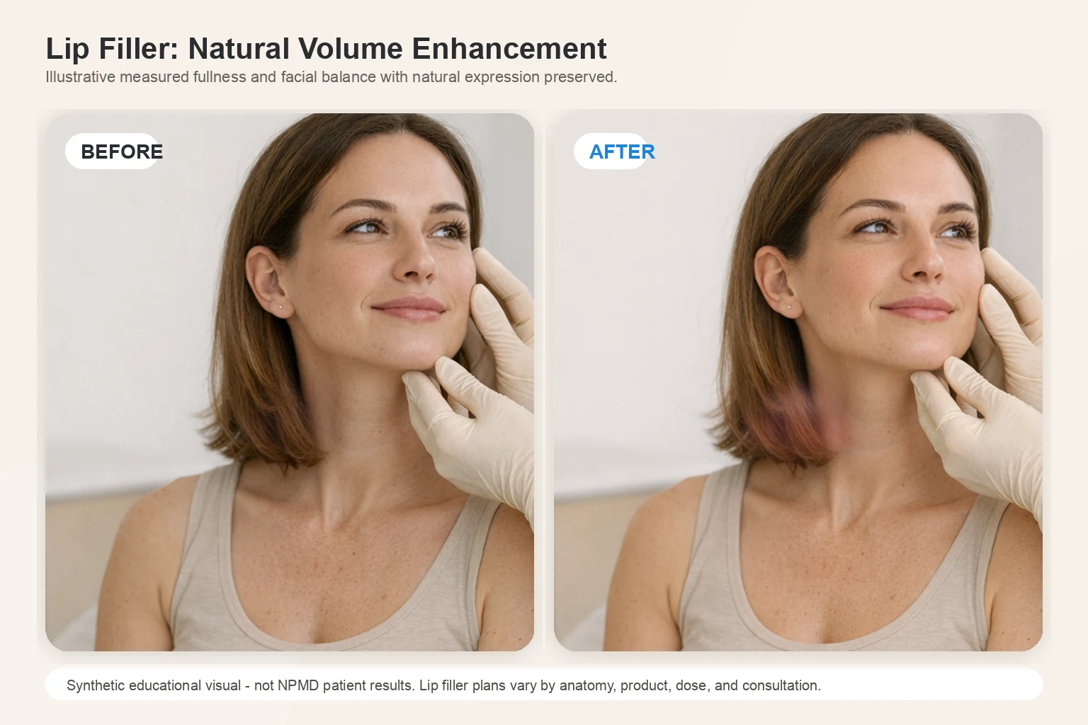 Illustrative before and after comparison for lip filler showing natural-looking lip volume enhancement