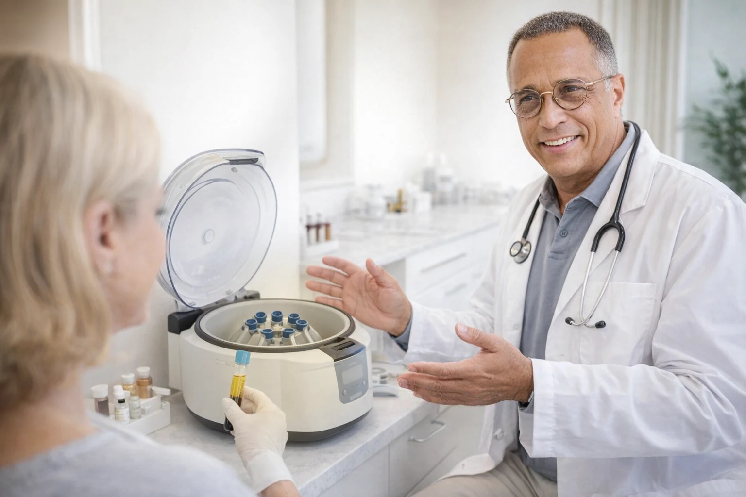 Illustrative PRP microneedling consultation with platelet-rich plasma preparation