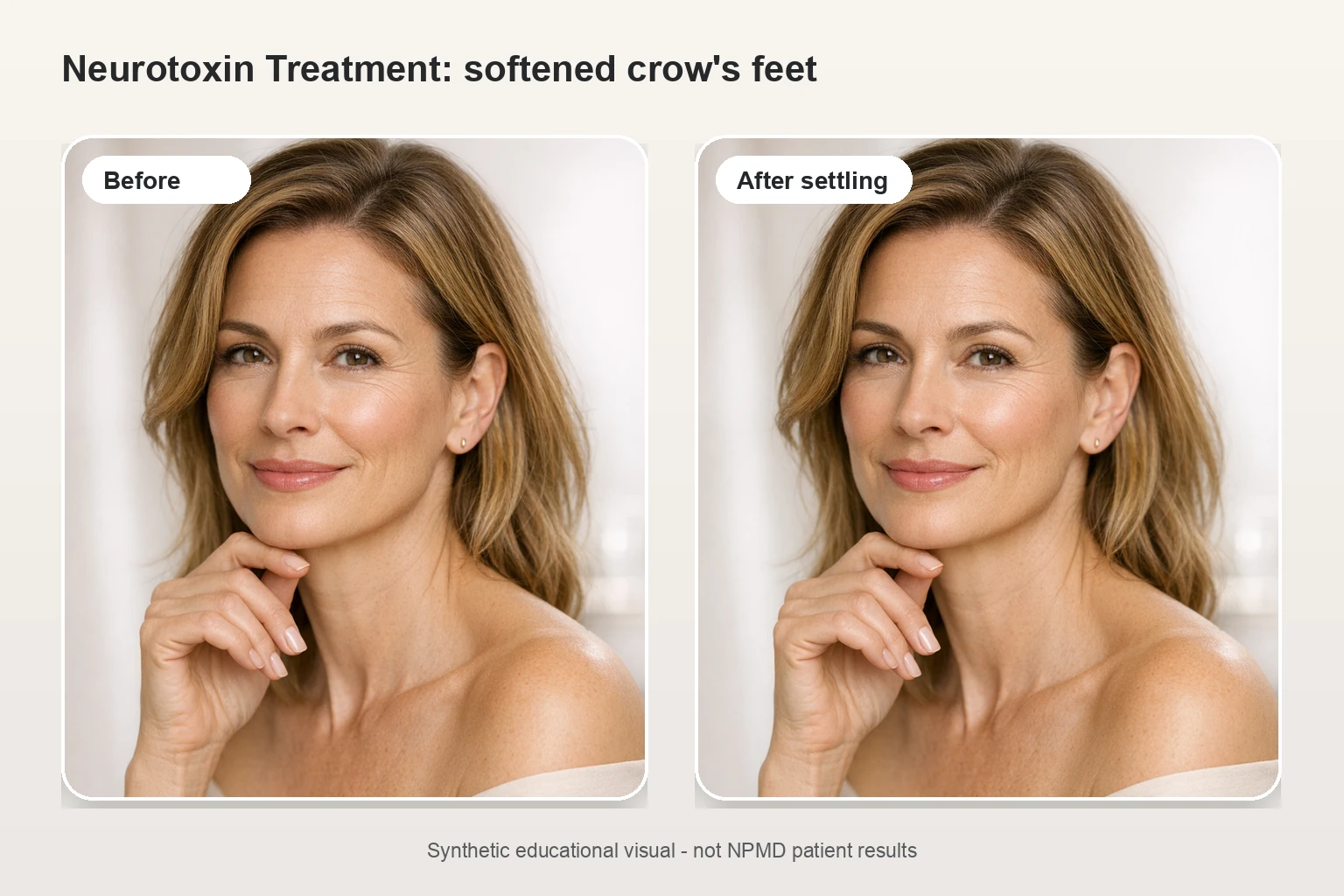 Illustrative before and after comparison for neurotoxin wrinkle treatment showing softened crow's feet