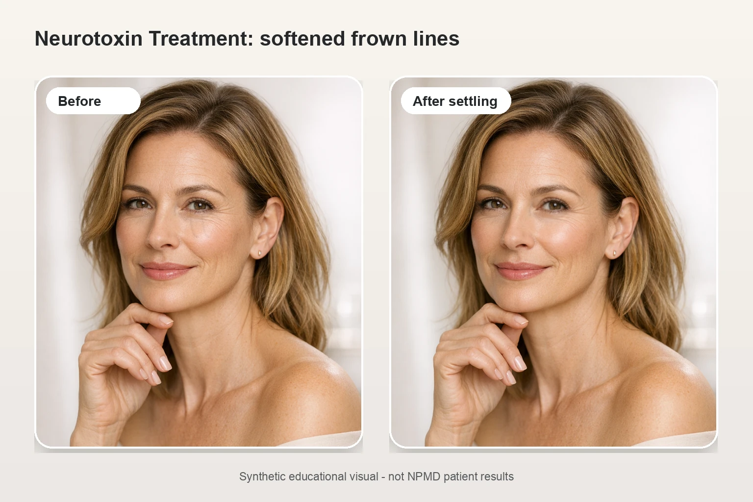 Illustrative before and after comparison for neurotoxin wrinkle treatment showing softened frown lines