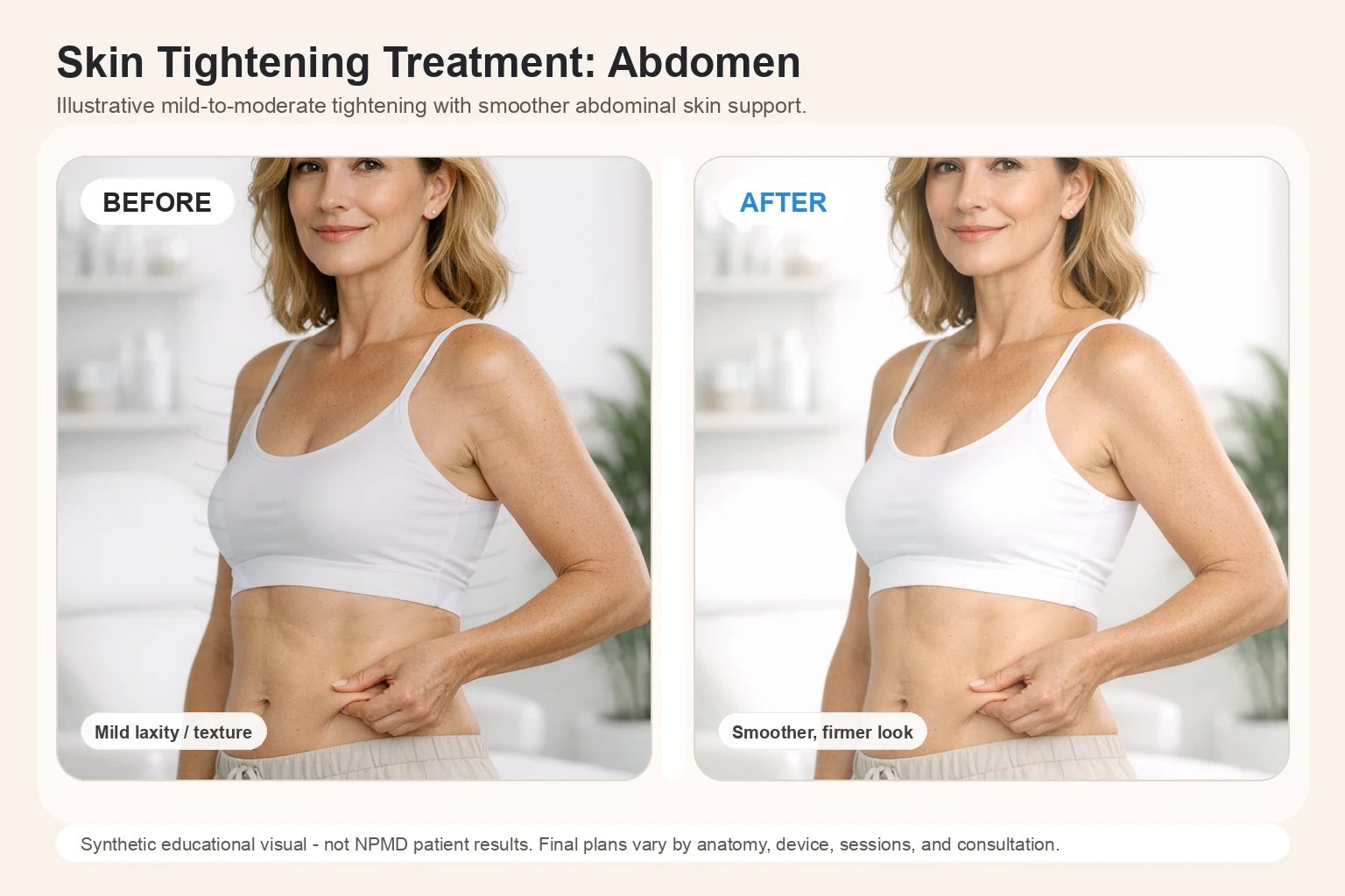 Illustrative before and after comparison for Skin Tightening Treatment showing mild abdominal tightening and smoother skin