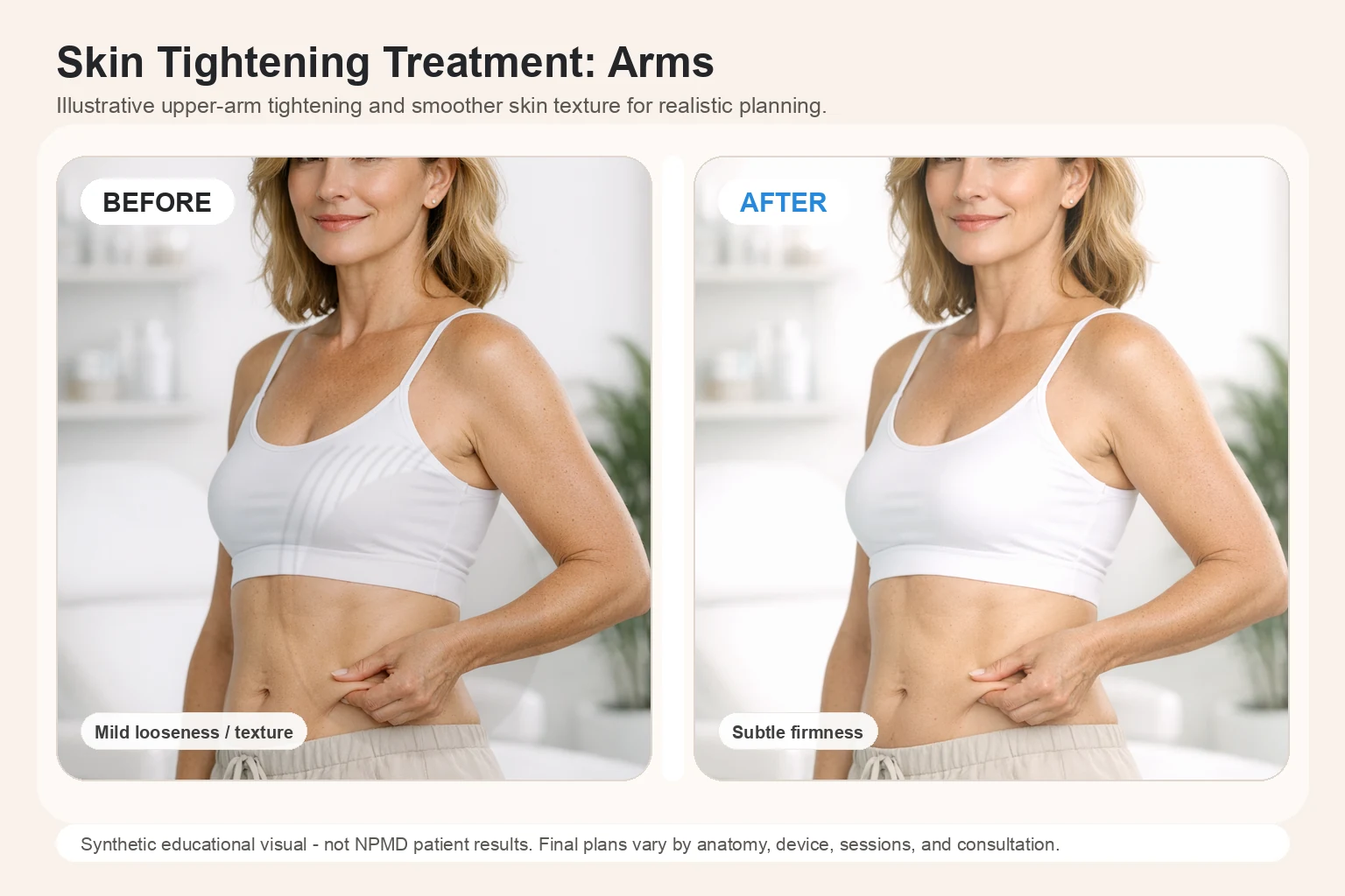 Illustrative before and after comparison for Skin Tightening Treatment showing smoother upper-arm skin and subtle firmness
