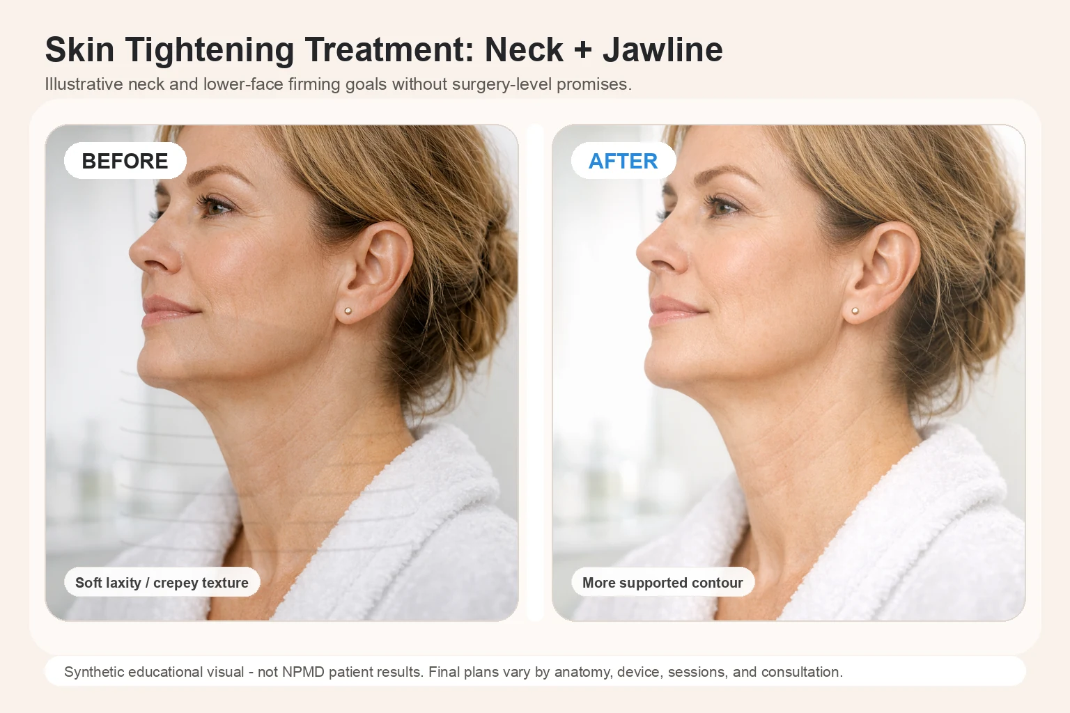 Illustrative before and after comparison for Skin Tightening Treatment showing subtle neck and jawline firmness