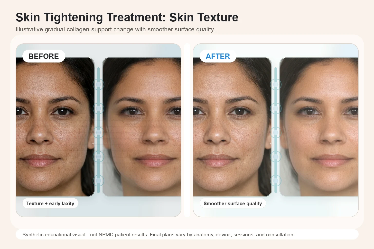 Illustrative before and after comparison for Skin Tightening Treatment showing smoother texture and mild tightening